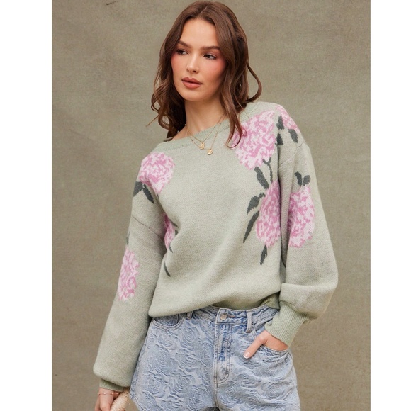 Floral Print Green Knit Round Neck Long Sleeve Pullover Sweater - Picture 4 of 6